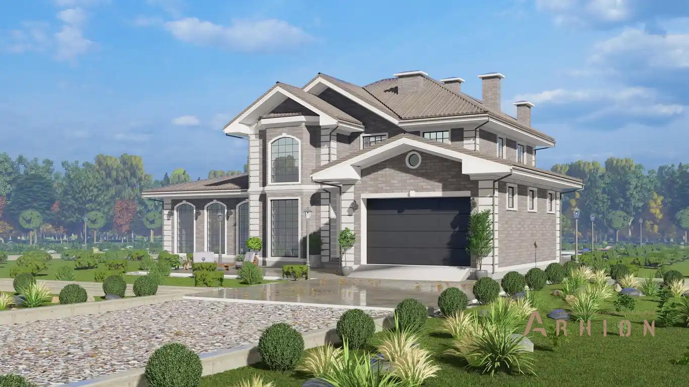 4. Проект двухэтажного дома в европейском стиле с многоскатной кровлей, h-1610, площадью - 517 кв c сауной, терассой, гаражом, бассейном